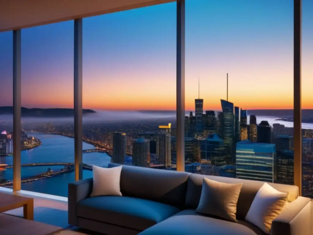 Edificio de lujo en auge: reflejo de ciudad dinámica al atardecer Un rascacielos moderno de lujo con ventanales de piso a techo reflejando un vibrante paisaje urbano al atardecer, mostrando el crecimiento dinámico y potencial del mercado inmobiliario fronterizo en auge