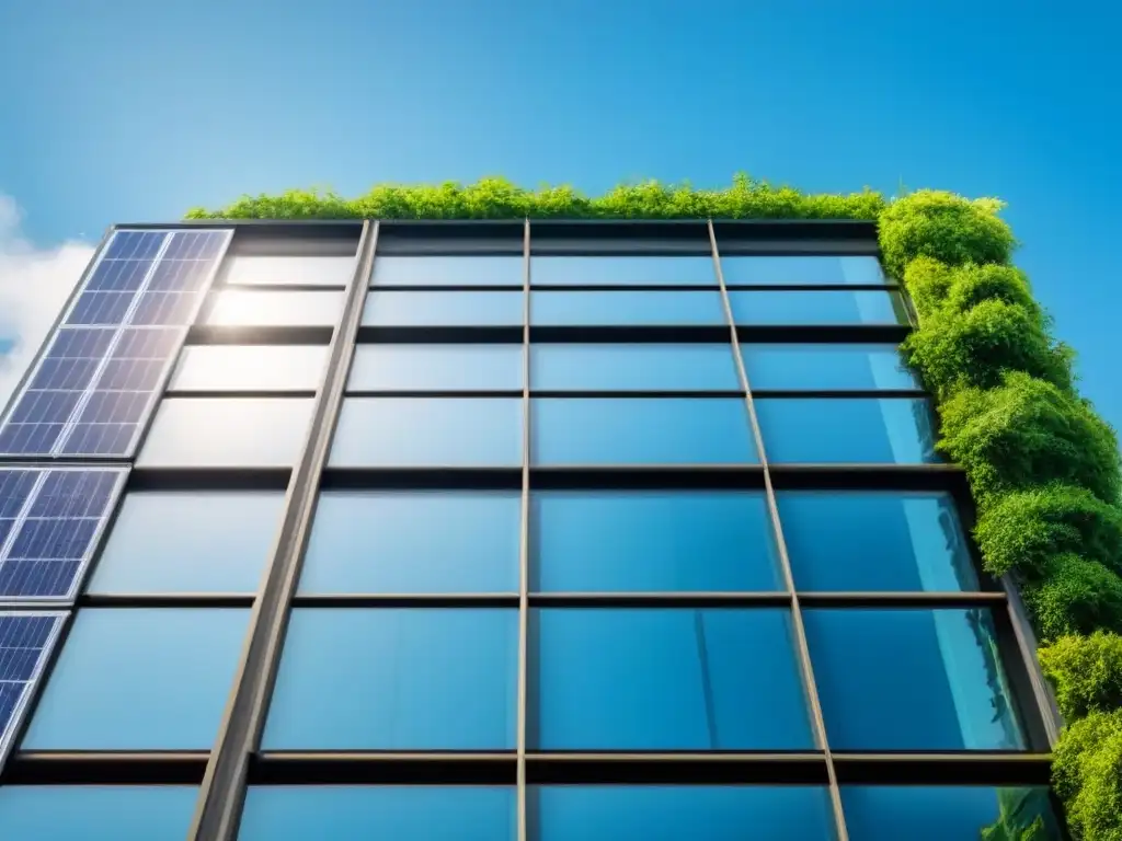 Edificio de lujo sostenible con paneles solares y diseño elegante Un rascacielos moderno de lujo con ventanales de piso a techo reflejando un cielo azul, rodeado de vegetación exuberante y paneles solares en el techo, mostrando sostenibilidad y elegancia arquitectónica con certificaciones LEED y BREEAM