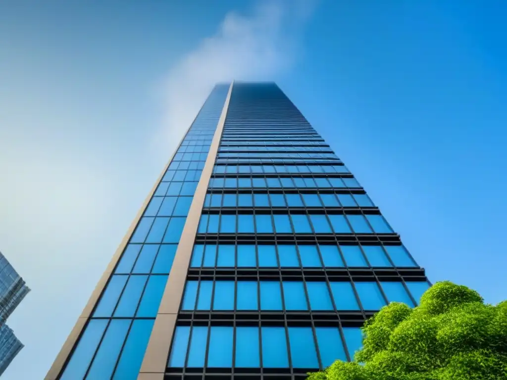 Rascacielos de lujo en ciudad internacional Un rascacielos moderno de lujo con ventanales que reflejan un cielo azul, rodeado de vegetación exuberante y arquitectura contemporánea