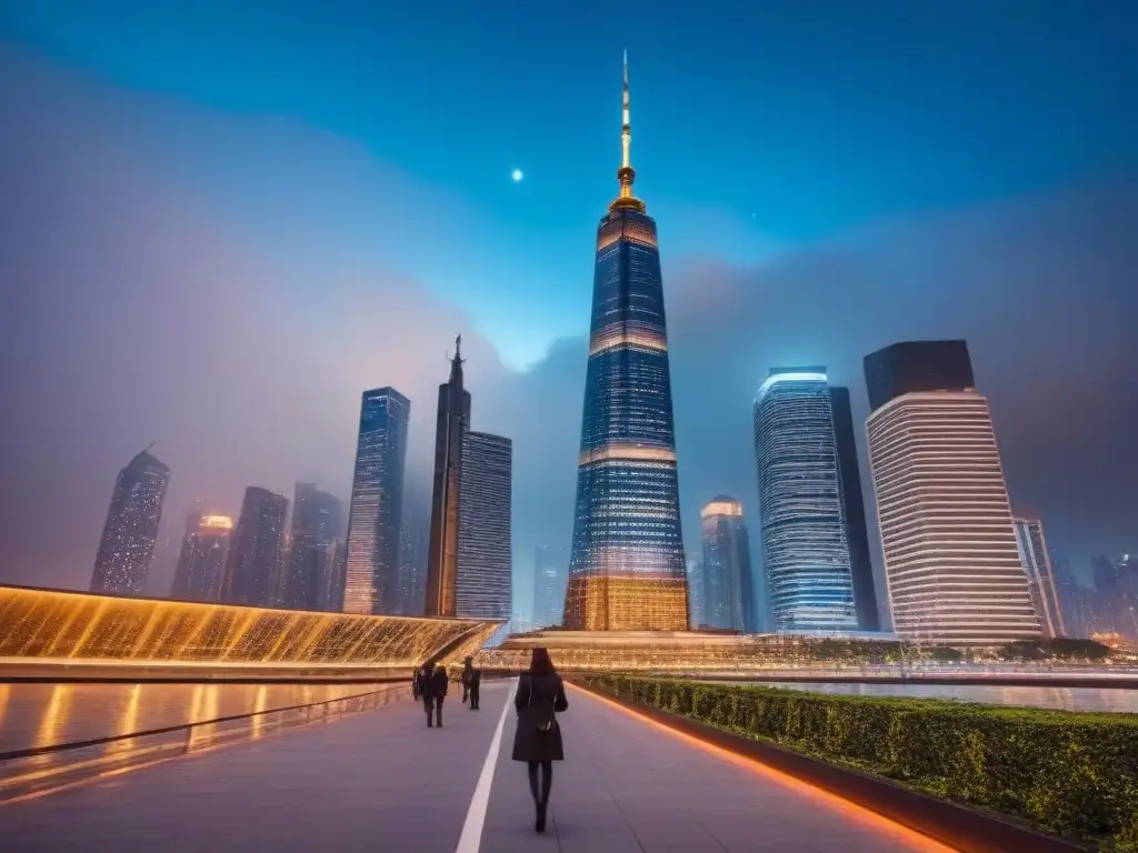 Rascacielos de lujo en ciudad vibrante al atardecer Un rascacielos moderno de lujo se alza sobre un vibrante horizonte urbano al atardecer, reflejando el sol en su fachada de cristal