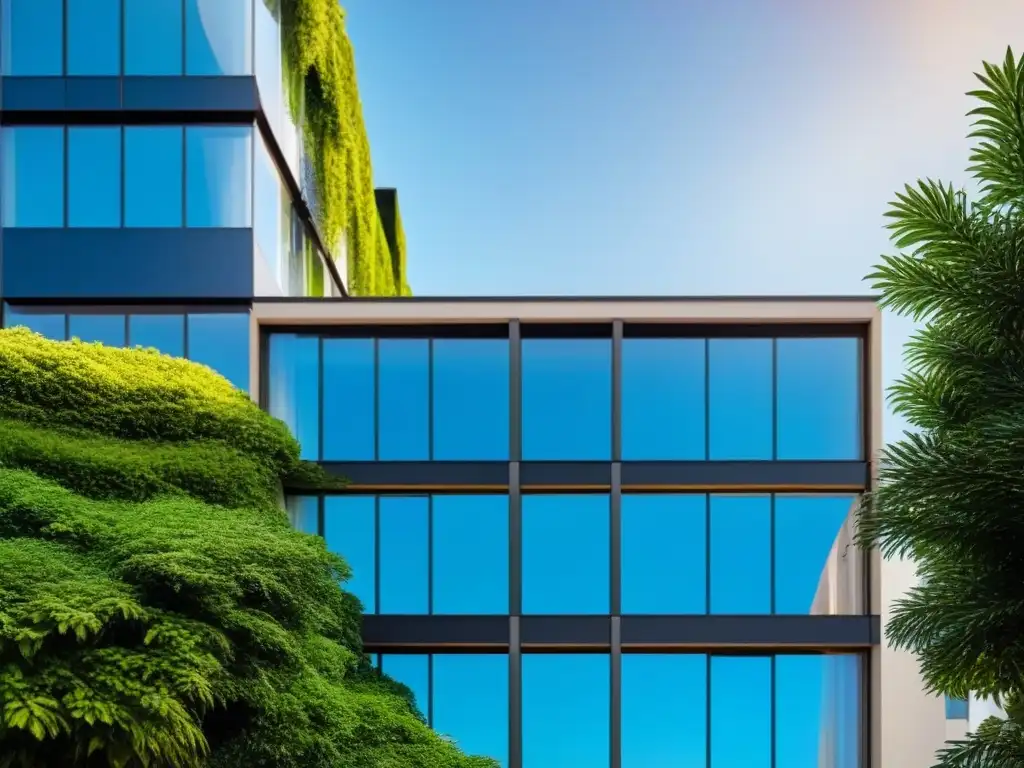 Rascacielos sostenible: arquitectura moderna en entorno verde Un rascacielos moderno y lujoso con diseño arquitectónico sostenible, rodeado de naturaleza, paneles solares y gente feliz en espacio comunitario