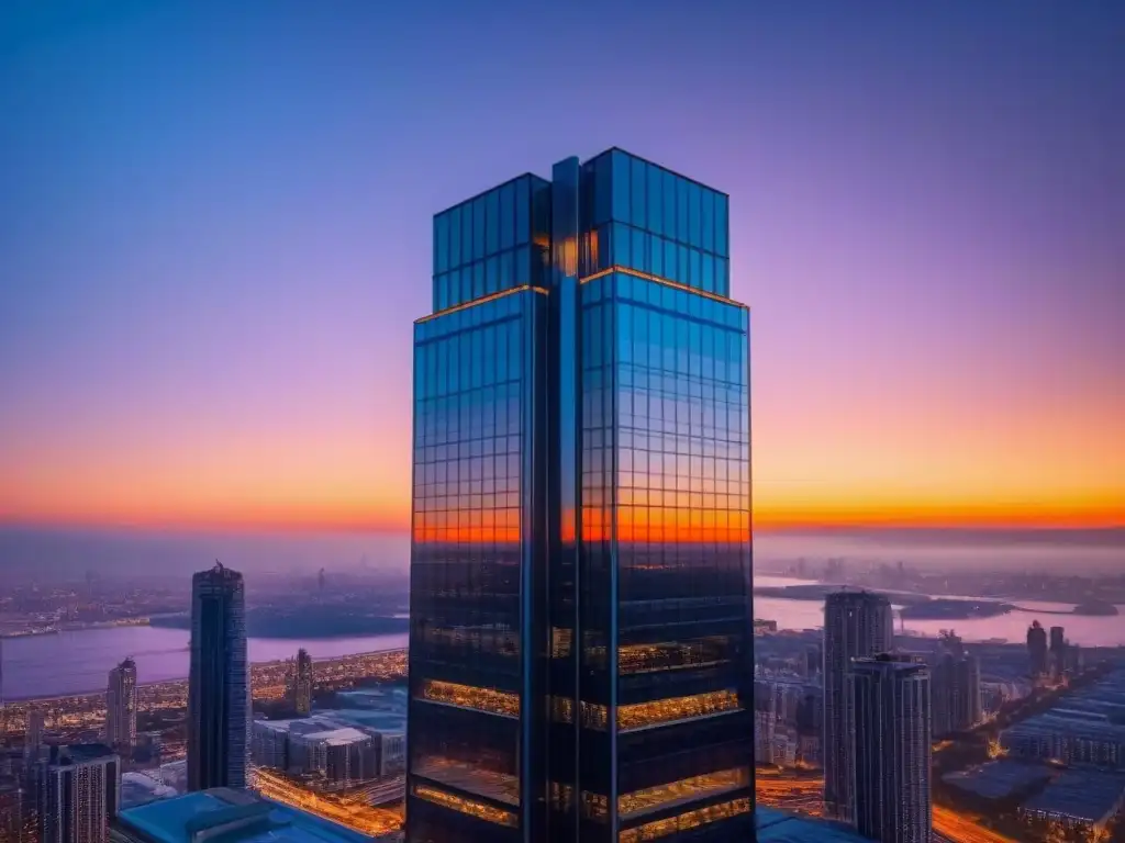 Rascacielos moderno y lujoso en atardecer vibrante Un rascacielos moderno y lujoso se destaca en un atardecer vibrante, reflejando las luces de la ciudad en su fachada de vidrio