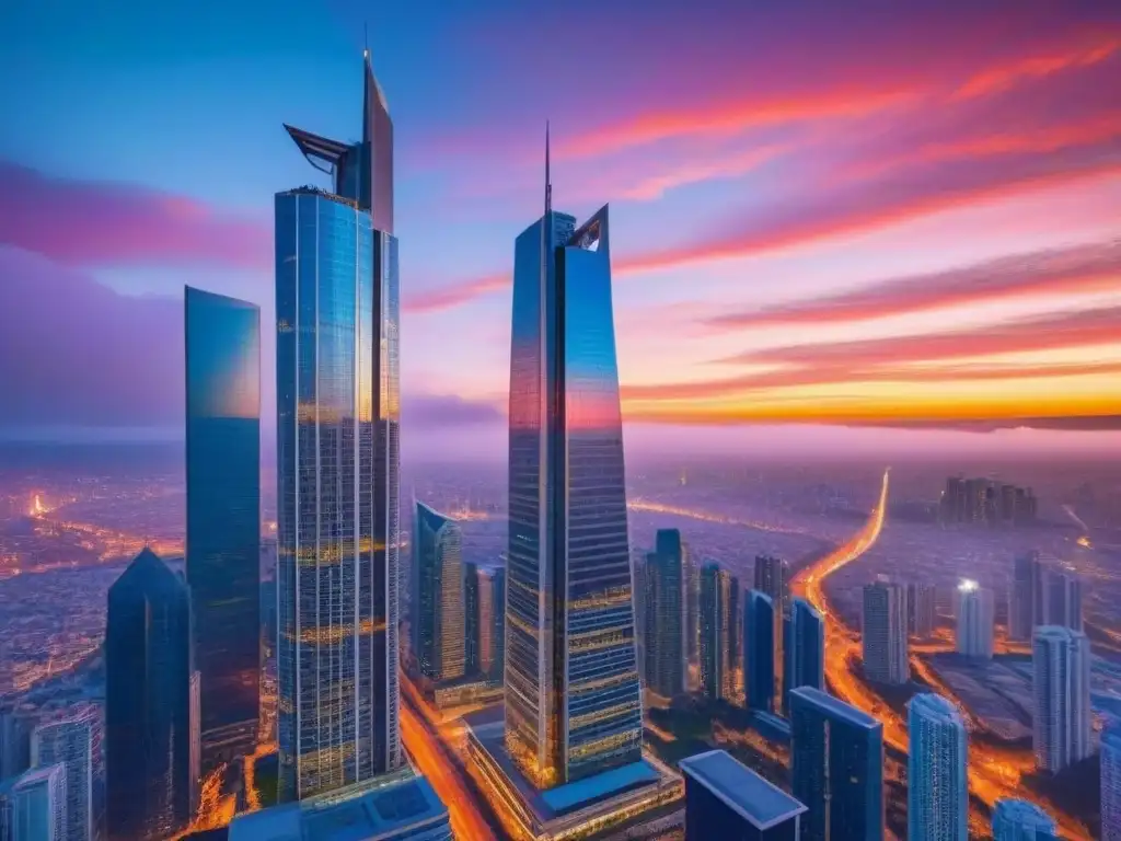 Rascacielos moderno y lujoso en atardecer vibrante Un rascacielos moderno y lujoso se alza contra un atardecer vibrante, reflejando los cálidos tonos del cielo en su fachada de cristal