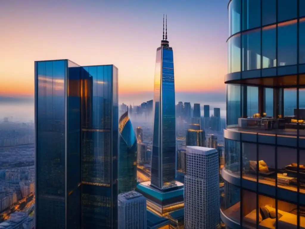 Rascacielos moderno y lujoso en la ciudad al atardecer Un rascacielos moderno y lujoso se alza sobre un bullicioso paisaje urbano, con una fachada de vidrio que refleja los tonos dorados del atardecer