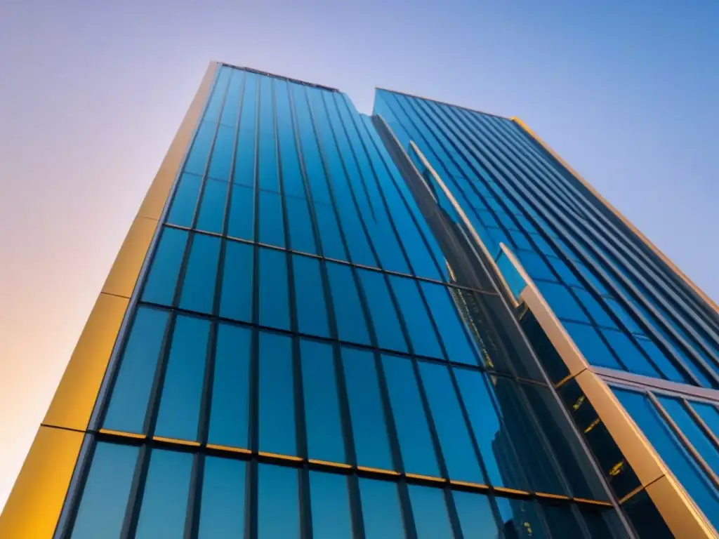 Inversión inmobiliaria: lujo y seguridad en moderno rascacielos Un rascacielos moderno y lujoso se alza contra el cielo azul, reflejando la luz dorada del atardecer