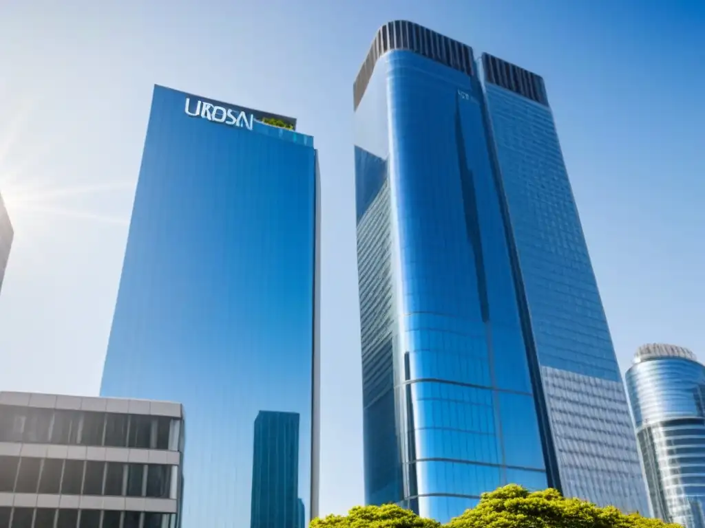 Inversiones inmobiliarias: Éxito y sofisticación en la urbe Un rascacielos moderno y lujoso destaca en un cielo azul, reflejando el sol con su fachada de vidrio