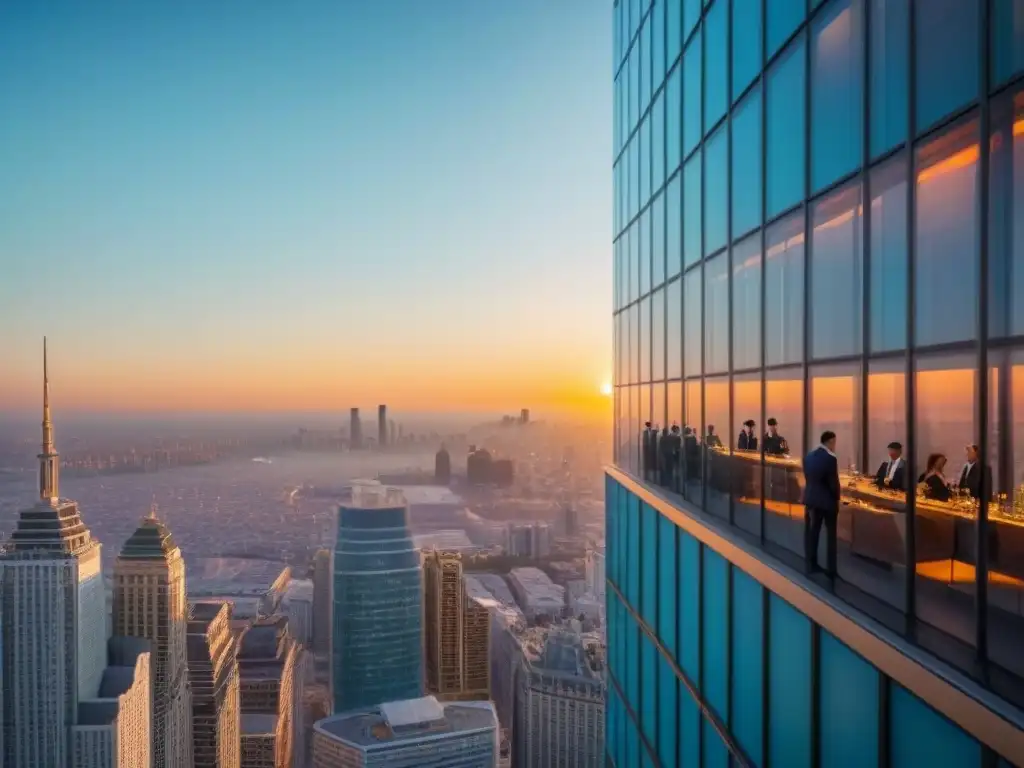 Rascacielos de lujo en ciudad moderna al atardecer Un rascacielos moderno y lujoso se alza contra un cielo azul claro, reflejando la ciudad