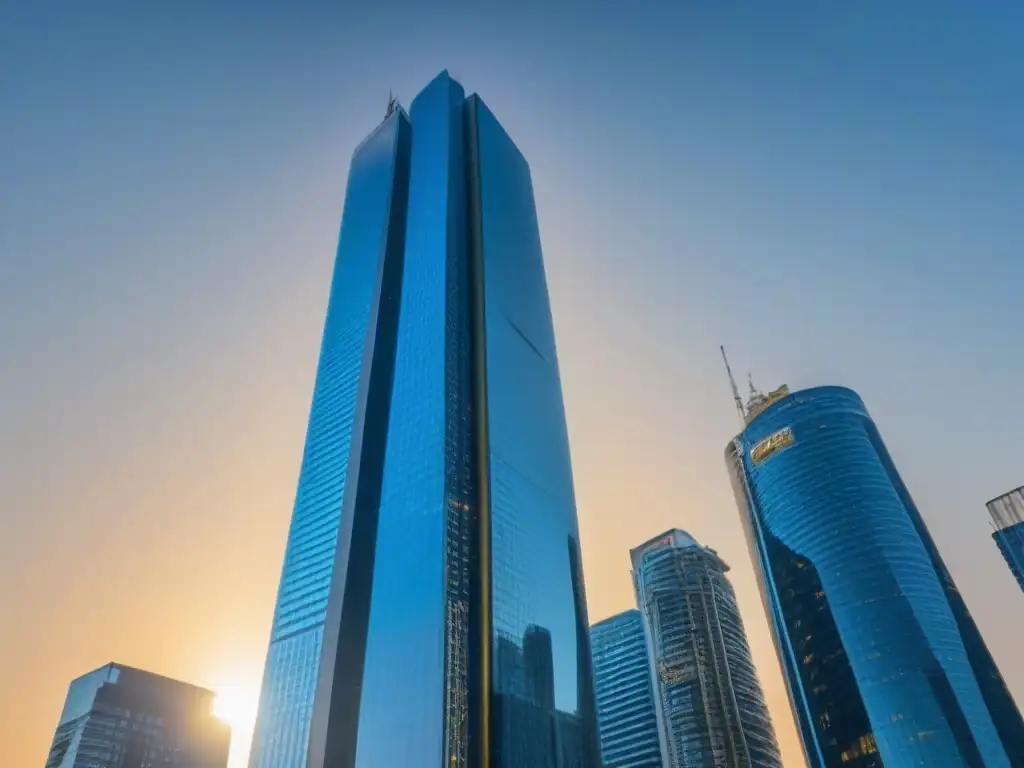 Rascacielos moderno en ciudad emergente: símbolo de éxito Un rascacielos moderno y lujoso en una ciudad emergente, reflejando el mercado inmobiliario con personalización en mercados inmobiliarios emergentes