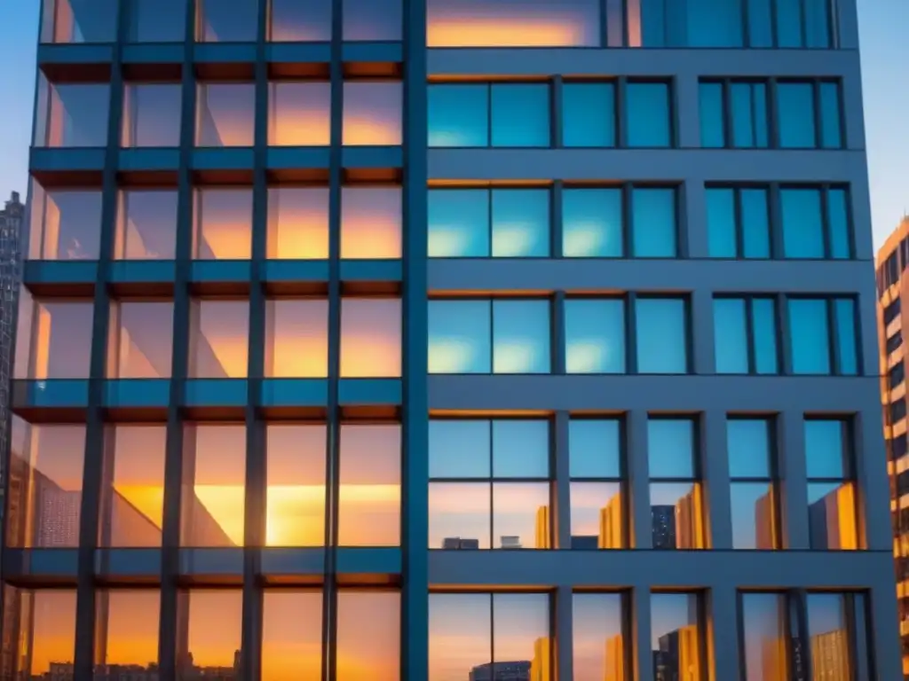 Edificio de lujo: atardecer urbano en ventanales de cristal Un rascacielos moderno y lujoso reflejando la ciudad al atardecer