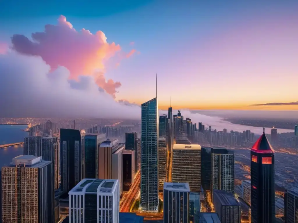 Rascacielos de lujo: atardecer urbano y modernidad Un rascacielos moderno y lujoso se alza sobre la ciudad al anochecer, reflejando el cielo en su fachada de vidrio
