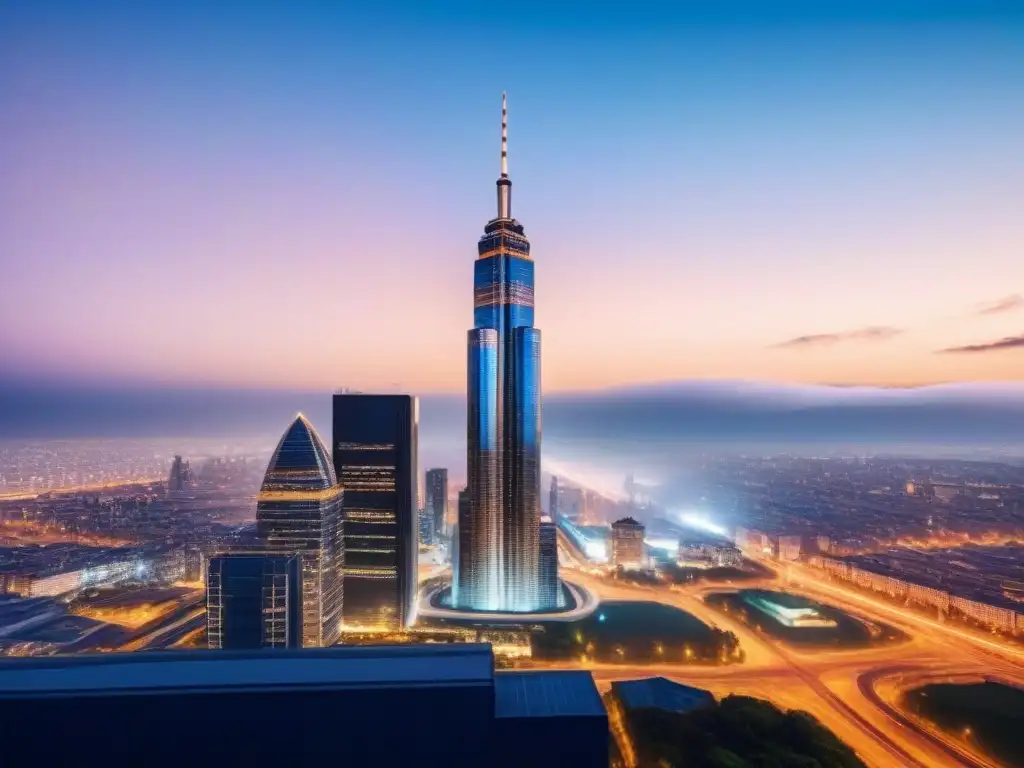 Rascacielos de lujo en metrópolis nocturna: elegancia urbana Rascacielos moderno y lujoso reflejando una ciudad vibrante de noche, en un análisis detallado del mercado inmobiliario internacional