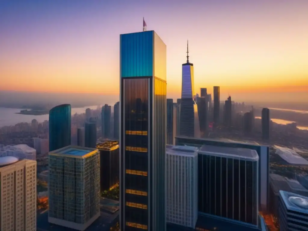 Rascacielos de lujo: éxito en el mercado inmobiliario internacional Un rascacielos moderno y lujoso en la ciudad reflejando el atardecer dorado, simbolizando éxito y compliance en mercado inmobiliario internacional