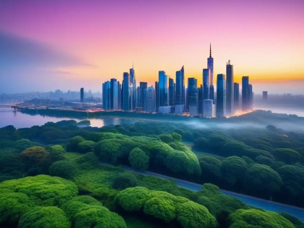 Rascacielos de lujo en ciudad vibrante al atardecer Un rascacielos moderno y lujoso en una ciudad vibrante al atardecer, reflejando el sol con elegancia