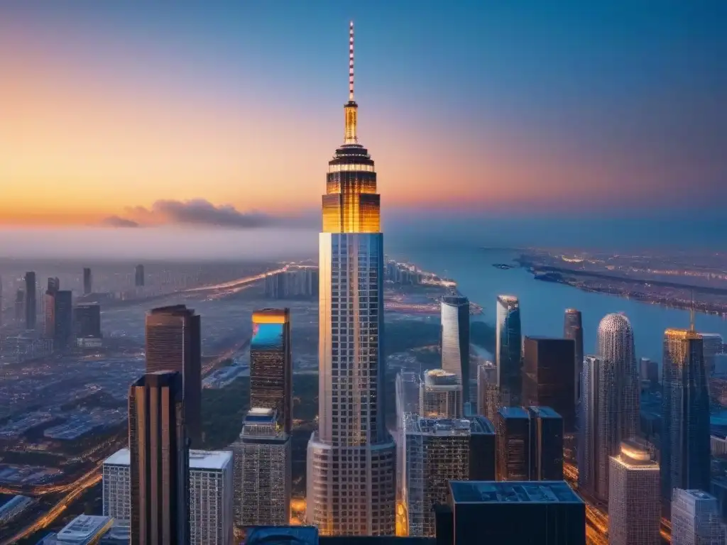 Rascacielos moderno en ciudad vibrante al atardecer Un rascacielos moderno y lujoso en una ciudad bulliciosa al atardecer, reflejando el mercado inmobiliario internacional postfusión