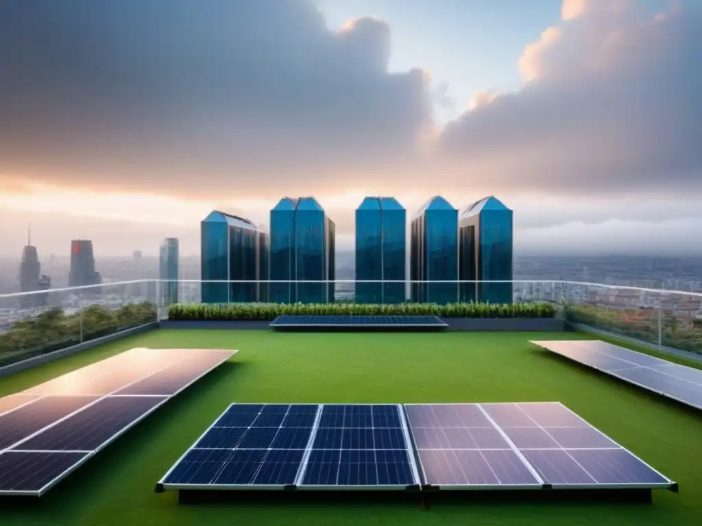 Edificio de lujo sostenible en la ciudad Un rascacielos moderno y lujoso con diseño energéticamente eficiente, paneles solares, amplias ventanas y un jardín verde en la azotea
