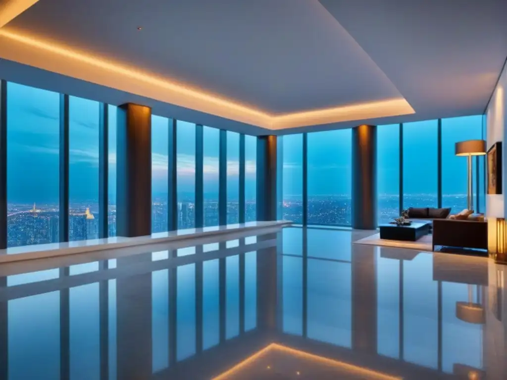 Edificio de lujo en ciudad internacional al atardecer Un rascacielos moderno y lujoso que refleja la ética en inversiones inmobiliarias internacionales