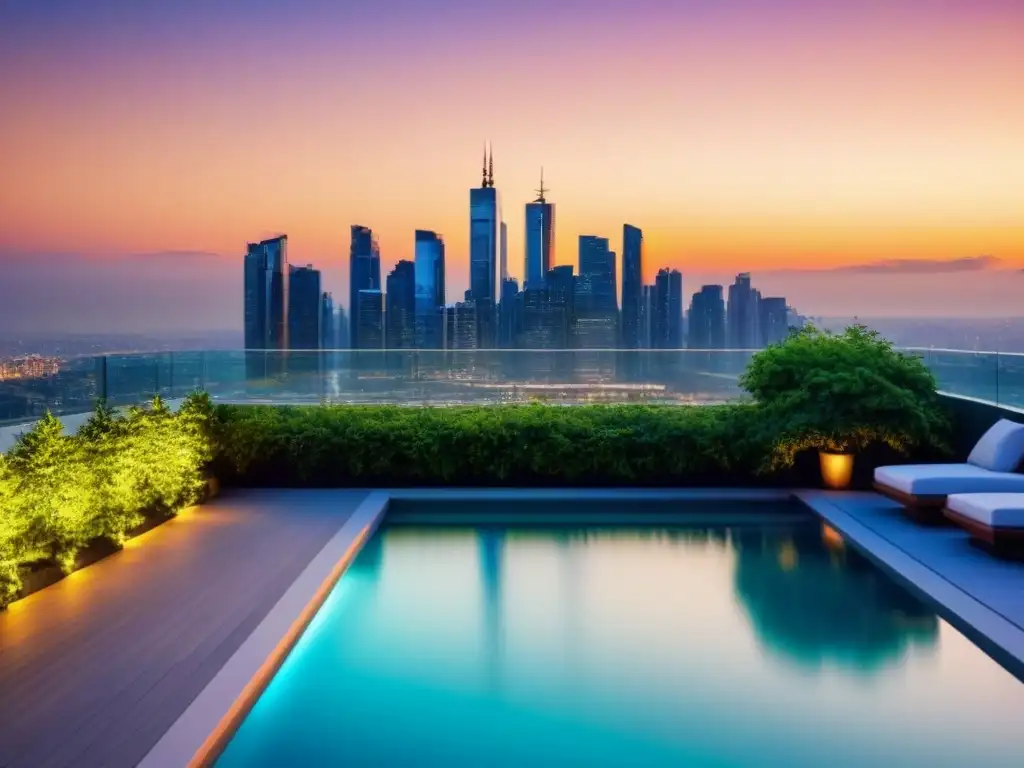 Rascacielos moderno de lujo y naturaleza en la ciudad al atardecer Rascacielos moderno y lujoso con fachada de vidrio, en el atardecer de la ciudad, rodeado de vegetación y con terraza y piscina