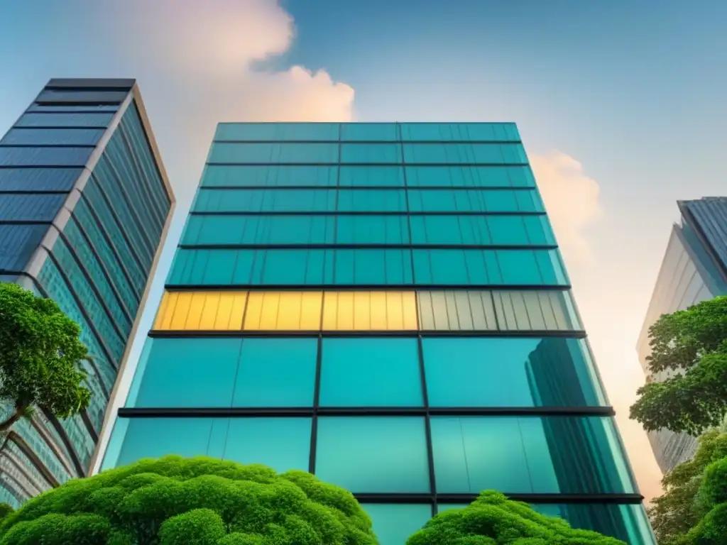 Rascacielos de lujo: inversión inmobiliaria ética en metrópolis Rascacielos moderno y lujoso con fachada de cristal, rodeado de vegetación, simbolizando inversiones inmobiliarias éticas internacionales en metrópolis