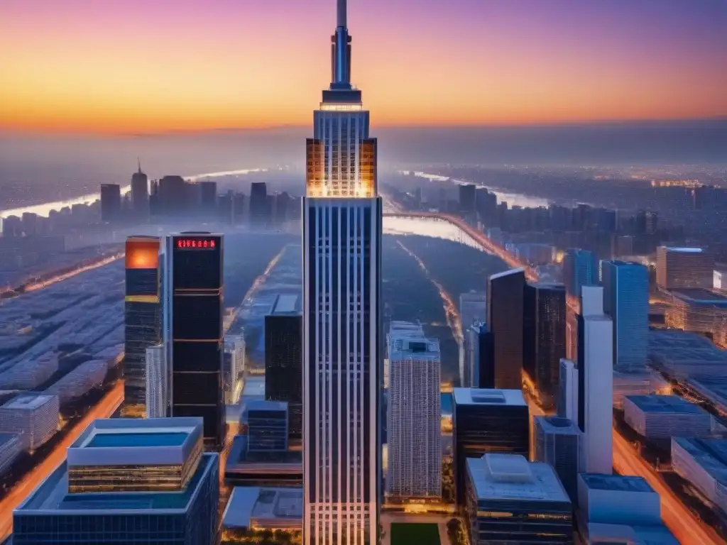 Edificio de oficinas moderno y lujoso en la ciudad al atardecer Un rascacielos moderno y lujoso se destaca en el horizonte de la ciudad al atardecer, reflejando el cielo cálido y la vida urbana