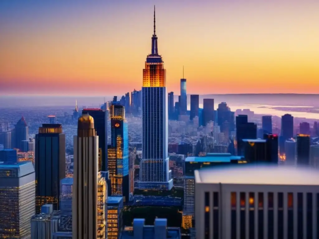 Rascacielos de lujo bañado en oro al atardecer Un rascacielos moderno y lujoso destaca en el horizonte urbano al atardecer, reflejando innovación en el mercado inmobiliario internacional