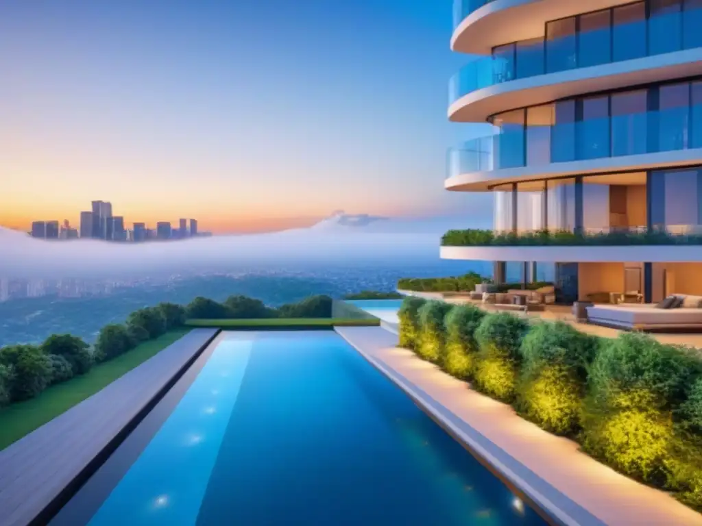 Rascacielos de lujo: arquitectura moderna y exclusividad Un rascacielos moderno y lujoso con paredes de cristal, rodeado de vegetación exuberante y una piscina, reflejando el cielo azul y un atardecer sutil