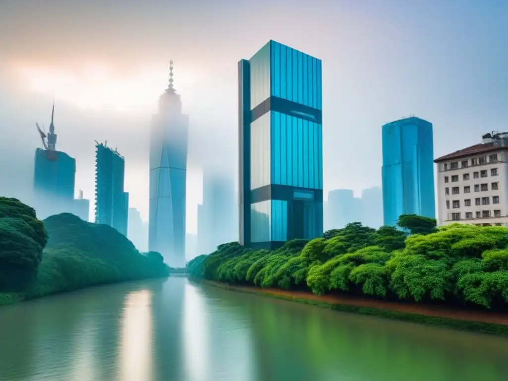 Esplendor urbano: rascacielos moderno entre vegetación y río Un rascacielos moderno y lujoso se refleja en el río, rodeado de vegetación exuberante y una ciudad vibrante al fondo