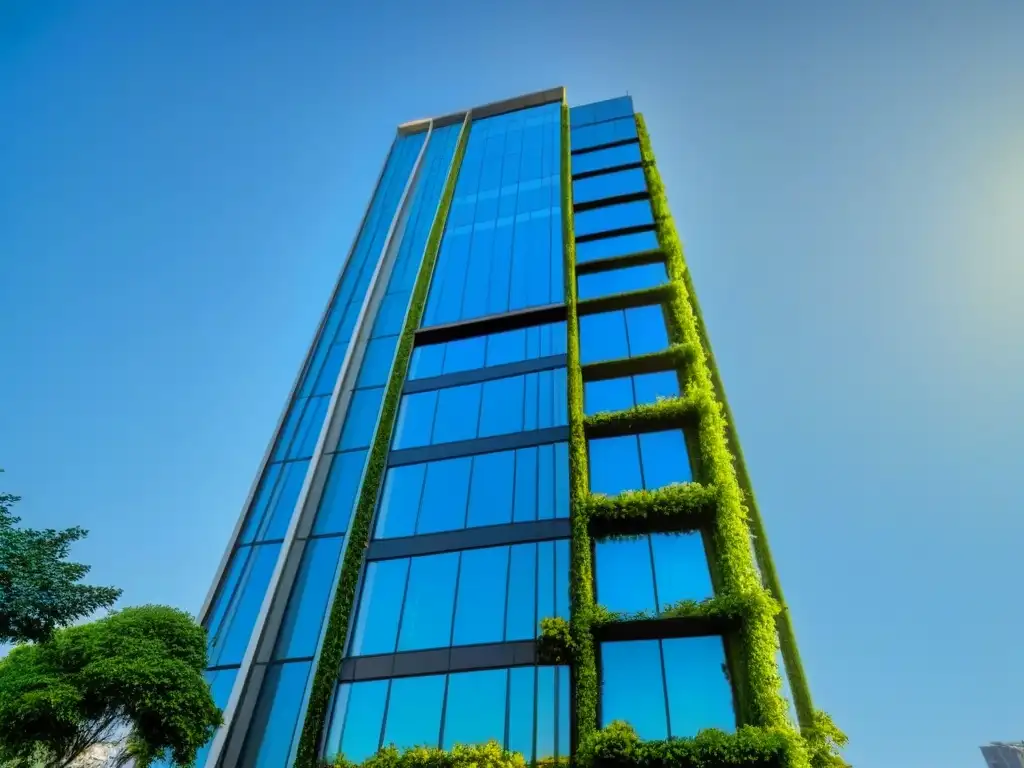 Edificio de lujo: inversión internacional en crowdfunding Un rascacielos moderno y lujoso rodeado de vegetación exuberante y cielo azul, simbolizando el éxito y la sofisticación en el crowdfunding inmobiliario internacional estrategias avanzadas