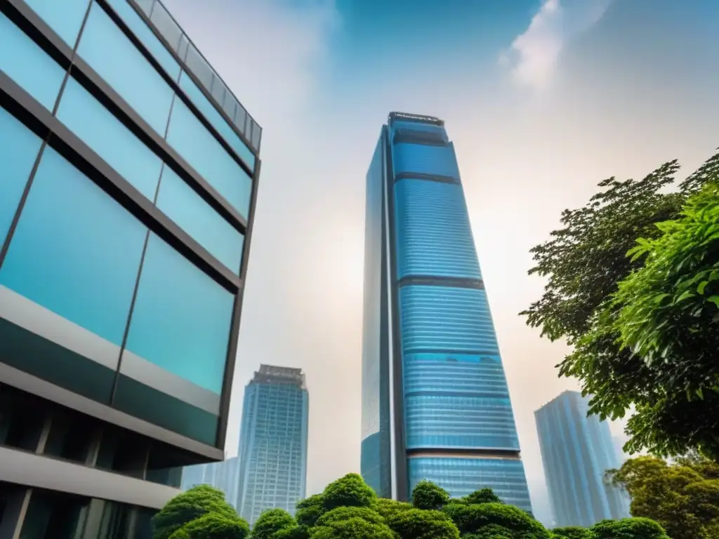 Rascacielos de lujo: inversión exitosa en REITs Un rascacielos moderno y lujoso rodeado de vegetación y una ciudad bulliciosa, reflejando éxito en inversiones REITs
