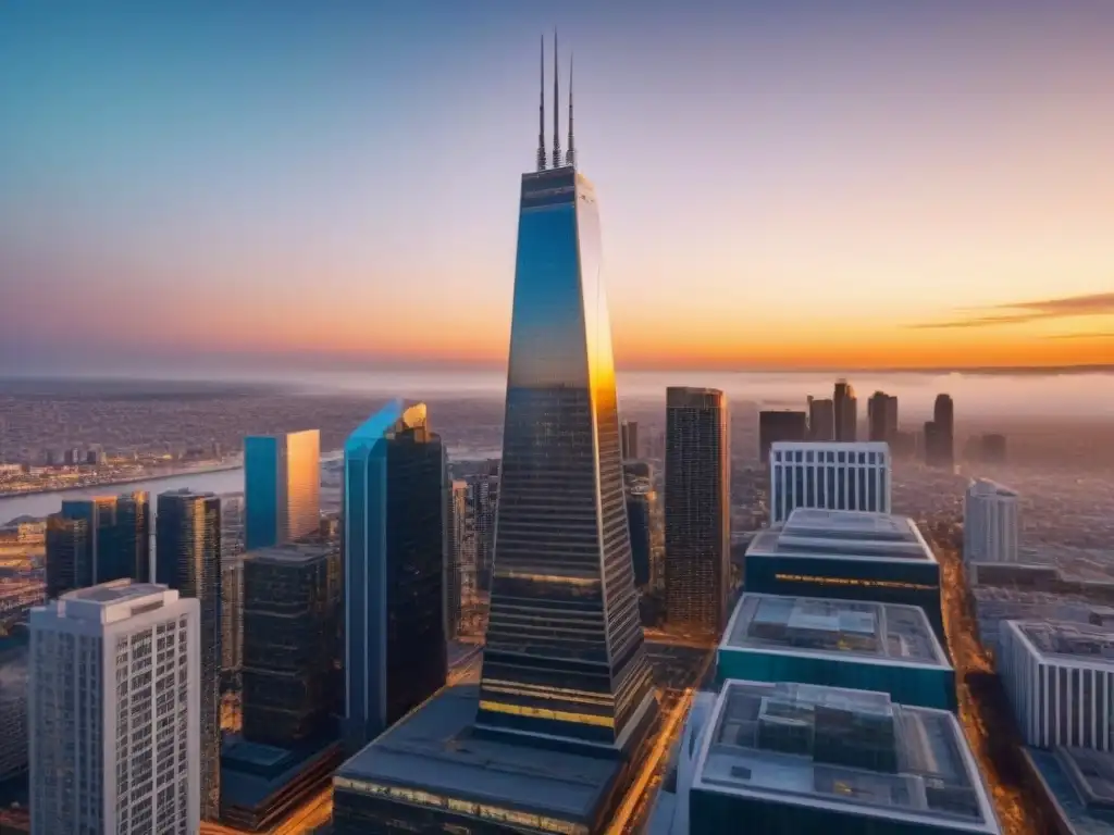 Rascacielos de lujo y finanzas innovadoras en M&A inmobiliario Rascacielos moderno y lujoso proyectando sombra sobre una ciudad bulliciosa al atardecer, reflejando innovador financiamiento para M&A inmobiliarias