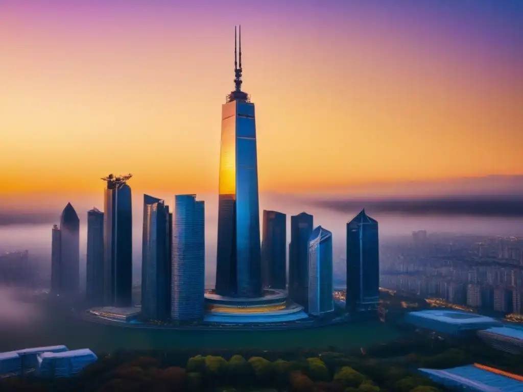 Rascacielos dorado: lujo e innovación en la ciudad Un rascacielos moderno y lujoso reflejando los tonos dorados del atardecer, destacando en un paisaje urbano vibrante lleno de edificios futuristas