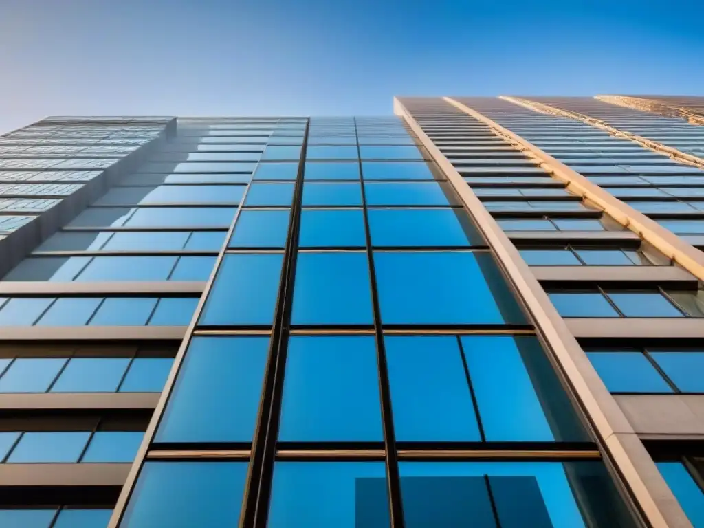 Rascacielos de lujo: transparencia y elegancia en el skyline urbano Un rascacielos moderno y lujoso con ventanales de piso a techo reflejando el cielo azul y la ciudad