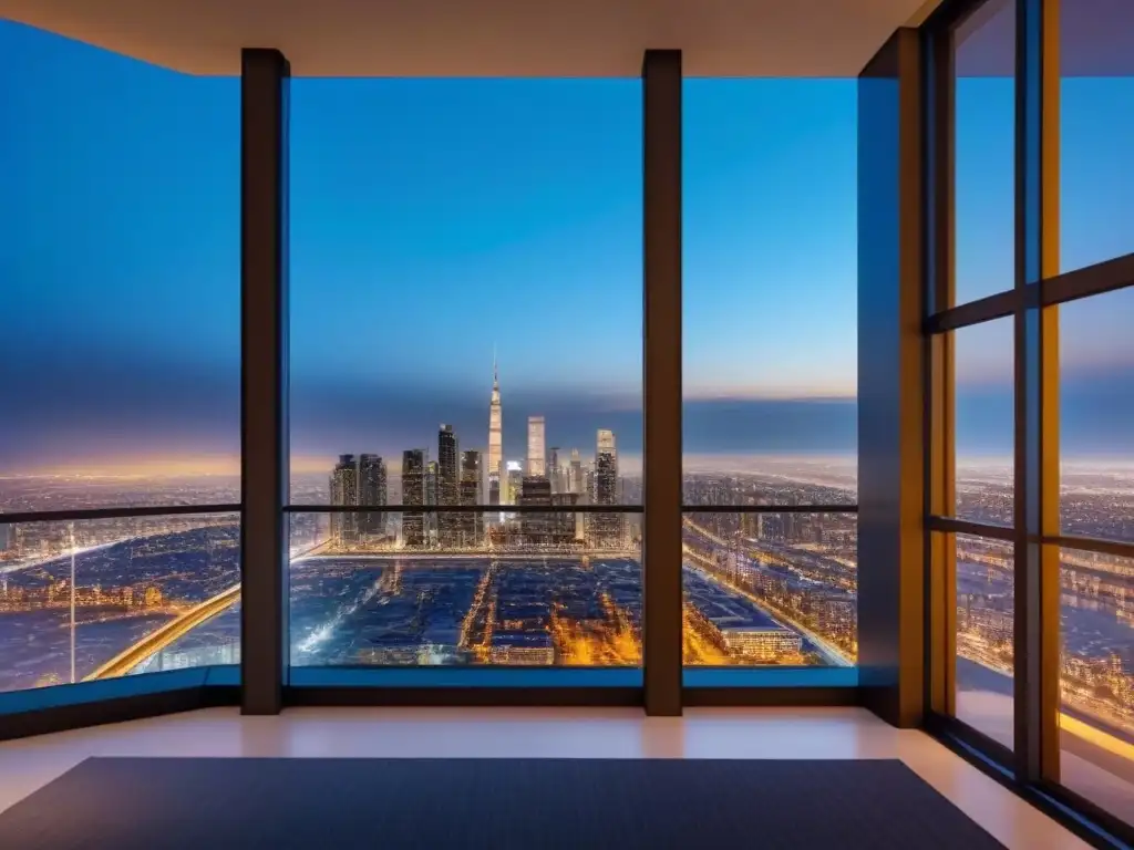 Edificio moderno de lujo en la noche, reflejando la ciudad Un rascacielos moderno y lujoso con ventanales de piso a techo reflejando un vibrante paisaje urbano de noche, iluminado con suaves luces ambientales