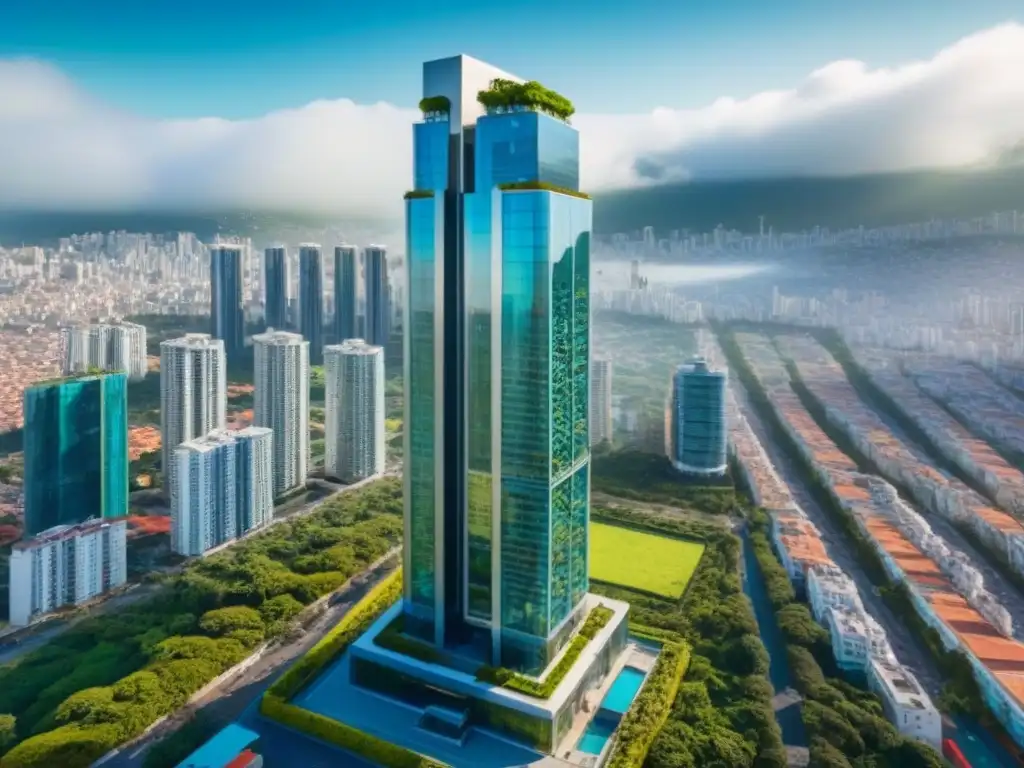 Rascacielos de lujo con jardín verde en ciudad dinámica de Latinoamérica Rascacielos moderno y lujoso con jardín verde en la azotea, en contraste con el dinámico paisaje urbano de América Latina