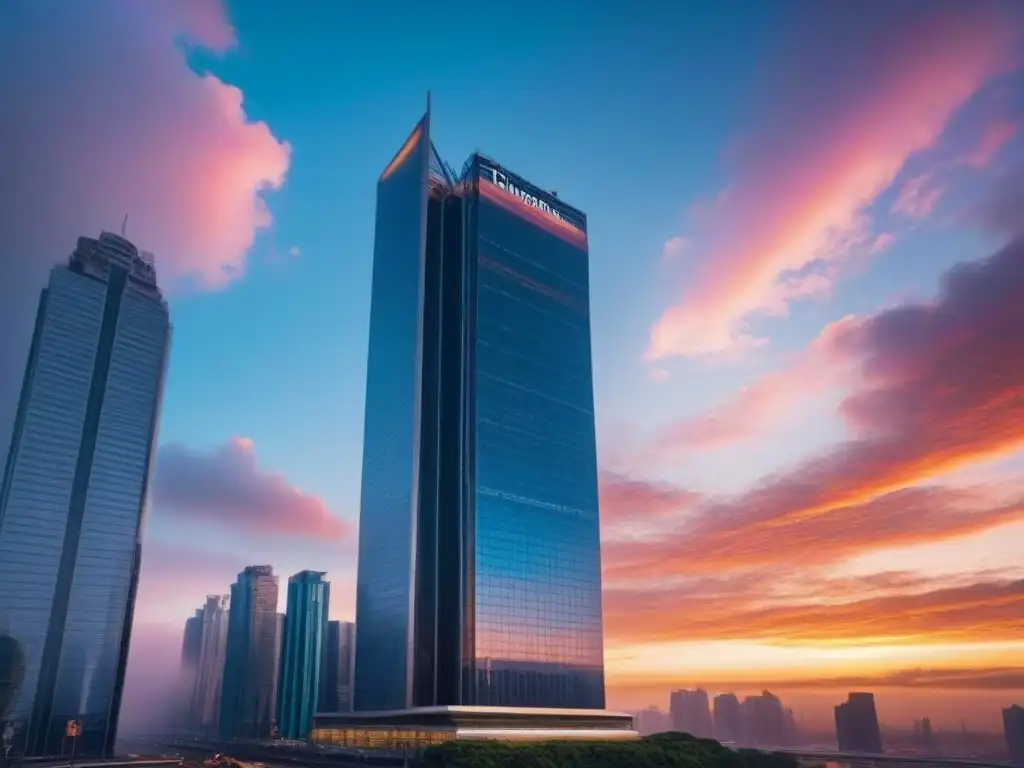 Rascacielos de lujo en atardecer vibrante: inversión inmobiliaria rentable Un rascacielos moderno y lujoso se alza contra un vibrante atardecer, reflejando los cálidos tonos del sol en su fachada de espejo