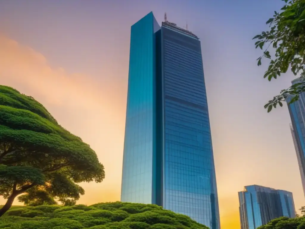Espectacular rascacielos de lujo en atardecer vibrante Un rascacielos moderno y lujoso se yergue contra un vibrante atardecer, reflejando tonos dorados en su fachada de cristal