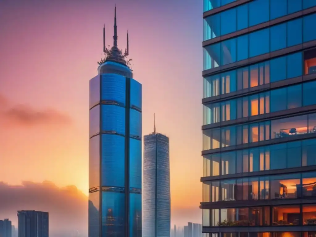 Inversión inmobiliaria global: rascacielos modernos en atardecer vibrante Un rascacielos moderno y lujoso se alza ante un vibrante atardecer, reflejando los cálidos tonos del cielo en su fachada de cristal