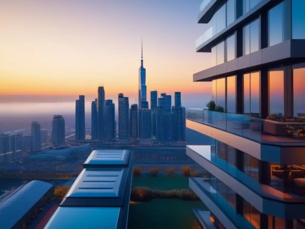 Condominio de lujo con vistas panorámicas al atardecer Un rascacielos moderno y lujoso con vistas a la ciudad al atardecer, ideal para estrategias de protección de inversiones inmobiliarias