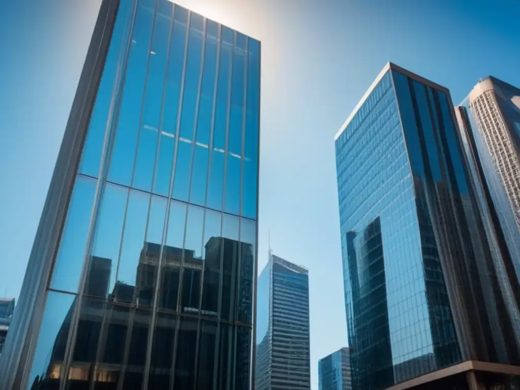 Rascacielos moderno en mercado inmobiliario internacional Un rascacielos moderno reflejando un mercado inmobiliario internacional ético, bajo un cielo azul claro