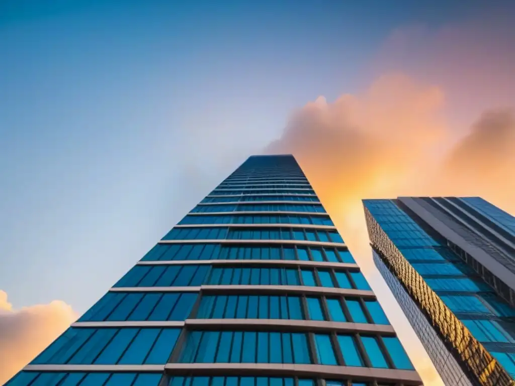 Vanguardia arquitectónica: rascacielos en país en desarrollo Un rascacielos moderno en un país en desarrollo, fusionando elementos locales y contemporáneos al atardecer