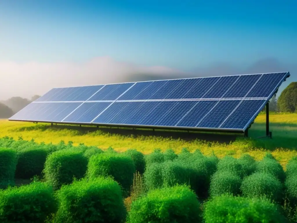 Rascacielos ecológico con paneles solares en un entorno verde Un rascacielos moderno con paneles solares, rodeado de vegetación y bajo un cielo azul, integrando energía renovable en edificaciones internacionales