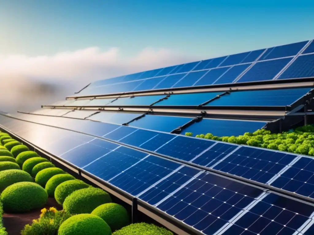 Rascacielos sostenible: Energía solar y jardín verde en la ciudad Un rascacielos moderno con paneles solares reflectantes, jardín en la azotea y cielo azul