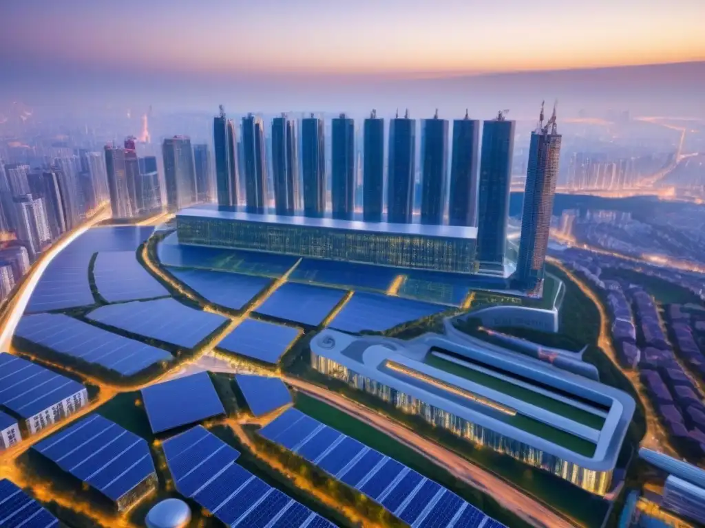 Rascacielos solar: Eficiencia energética en la ciudad Rascacielos moderno con paneles solares en eficiente integración en mercado inmobiliario internacional