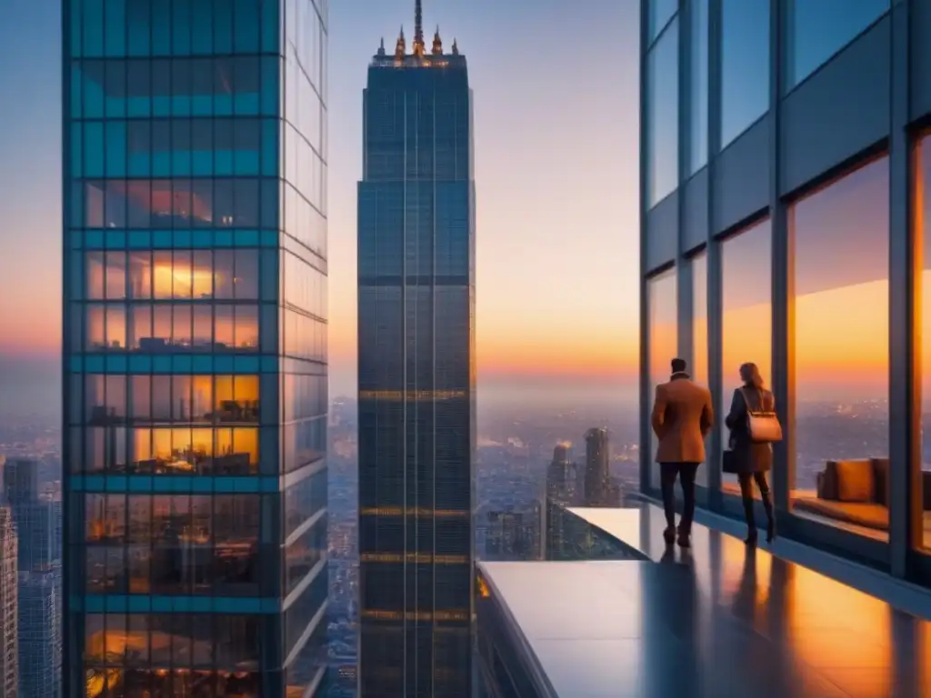 Edificio moderno en la noche de la ciudad: lujo y sofisticación Un rascacielos moderno con reflejos urbanos al atardecer