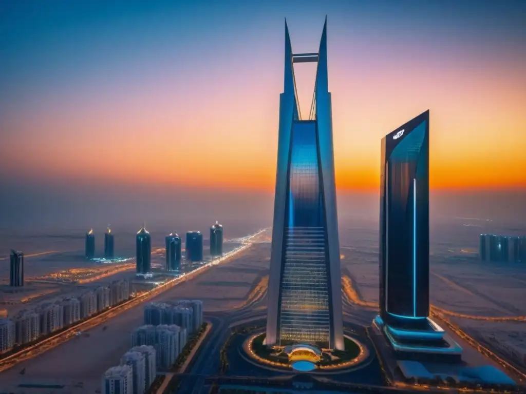 Esplendor urbano: rascacielos de lujo en Riyadh al atardecer Un rascacielos moderno en Riad, Arabia Saudita, destaca al atardecer