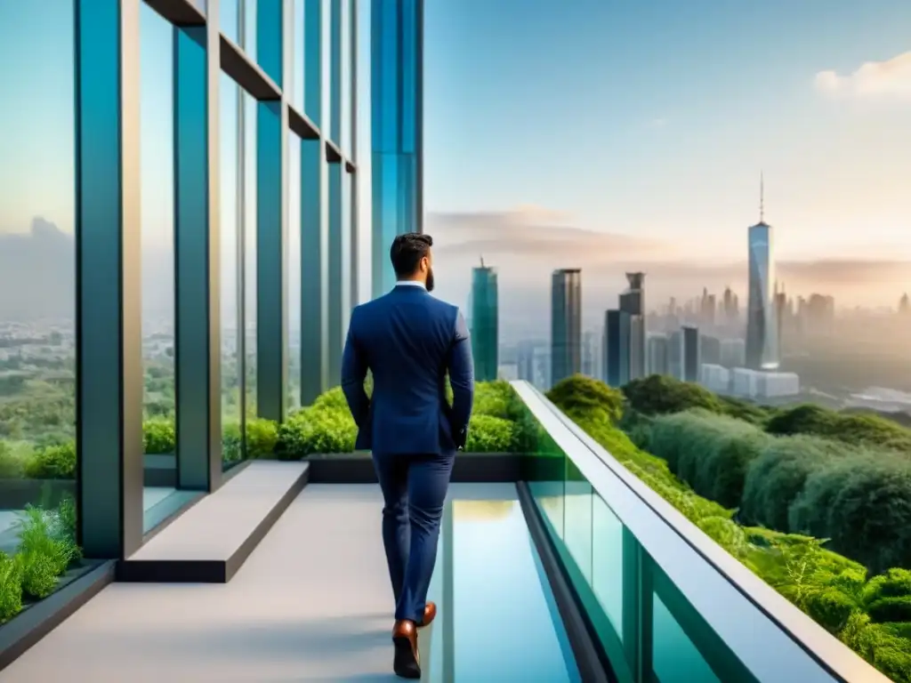 Edificio moderno en entorno natural: inversión inmobiliaria Un rascacielos moderno rodeado de vegetación, reflejando la armonía entre urbanismo y naturaleza en inversiones inmobiliarias