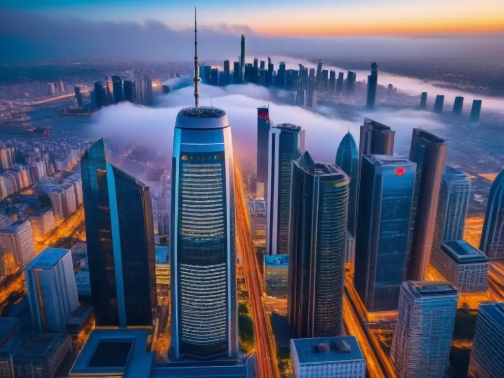 Rascacielos moderno en ciudad vibrante Un rascacielos moderno rodeado de una bulliciosa ciudad internacional, reflejando el dinamismo del mercado inmobiliario global