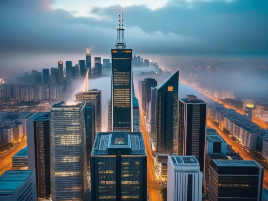 Espectacular edificio moderno en una vibrante ciudad 8k Un rascacielos moderno rodeado de la bulliciosa ciudad, reflejando el mercado inmobiliario y el marketing digital