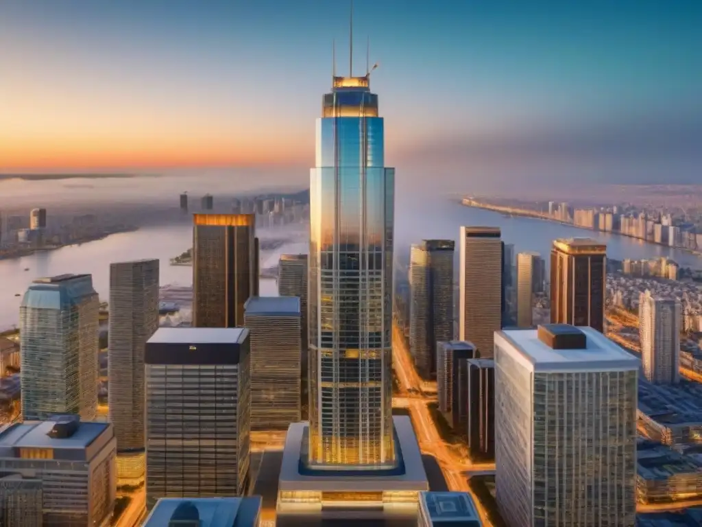 Rascacielos moderno en ciudad vibrante: inversión inmobiliaria premium Un rascacielos moderno rodeado de una bulliciosa ciudad al atardecer, reflejando oportunidades de Crowdfunding inmobiliario inversores internacionales