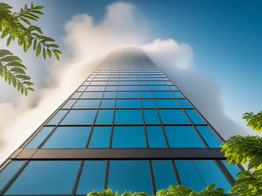 Rascacielos moderno rodeado de naturaleza: inversión inmobiliaria Un rascacielos moderno rodeado de vegetación bajo un cielo azul claro, simbolizando estabilidad y crecimiento en inversiones inmobiliarias en mercados estables
