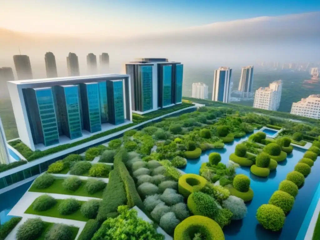 Esplendor urbano: rascacielos moderno entre exuberante naturaleza Un rascacielos moderno rodeado de vegetación, con un cielo azul de fondo, simbolizando la fusión entre sofisticación urbana y belleza natural en mercados inmobiliarios de lujo emergentes análisis